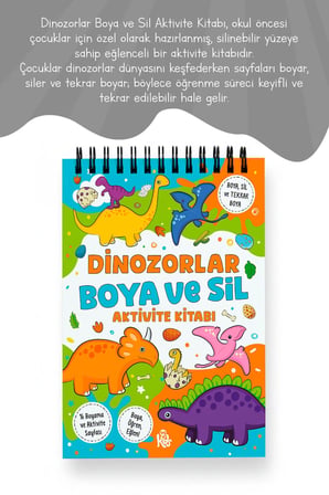 Dinozorlar Boya ve Sil Aktivite Kitabı | 4 Renk Jumbo Keçeli Kalem ve Silgi Hediyeli