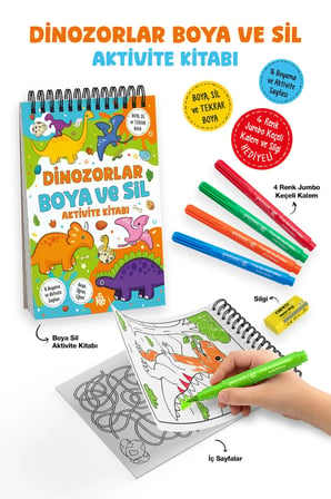 Dinozorlar Boya ve Sil Aktivite Kitabı | 4 Renk Jumbo Keçeli Kalem ve Silgi Hediyeli