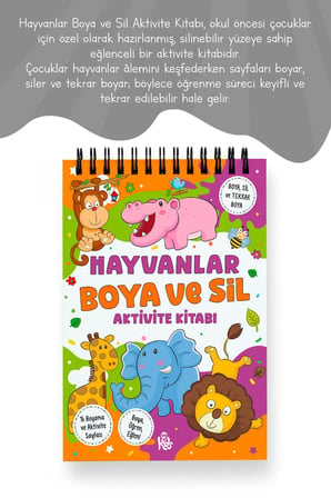 Hayvanlar Boya ve Sil Aktivite Kitabı | 4 Renk Jumbo Keçeli Kalem ve Silgi Hediyeli