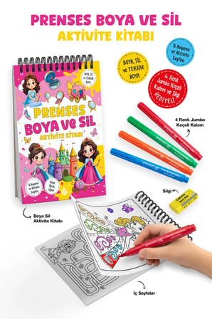 Prenses Boya ve Sil Aktivite Kitabı | 4 Renk Jumbo Keçeli Kalem ve Silgi Hediyeli