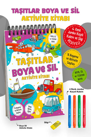Taşıtlar Boya ve Sil Aktivite Kitabı | 4 Renk Jumbo Keçeli Kalem ve Silgi Hediyeli