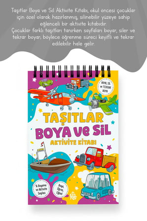 Taşıtlar Boya ve Sil Aktivite Kitabı | 4 Renk Jumbo Keçeli Kalem ve Silgi Hediyeli