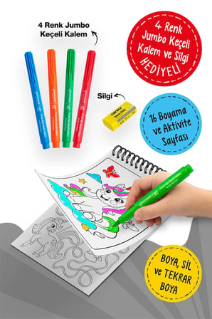 Unicorn Boya ve Sil Aktivite Kitabı | 4 Renk Jumbo Keçeli Kalem ve Silgi Hediyeli