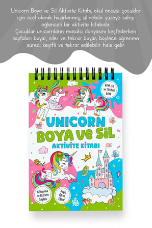 Unicorn Boya ve Sil Aktivite Kitabı | 4 Renk Jumbo Keçeli Kalem ve Silgi Hediyeli