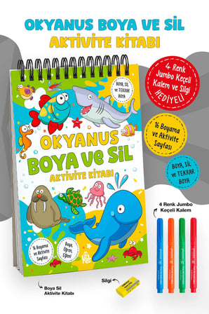 Okyanus Boya ve Sil Aktivite Kitabı | 4 Renk Keçeli Kalem ve Silgi Hediyeli