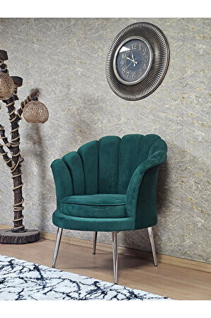Tekli İstiridye Krom Kaplama Sivriltme Ayak Çay Seti Koltuk Tekli Berjer , Balkon, Salon, Ofis Yeşil Renk 47 x 47 Boyut/Ebat