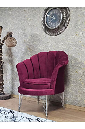 Tekli İstiridye Krom Kaplama Telli Ayak Çay Seti Koltuk Tekli Berjer , Balkon, Salon, Ofis Bordo Renk 47 x 47 Boyut/Ebat