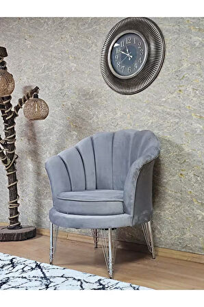 Tekli İstiridye Krom Kaplama Telli Ayak Çay Seti Koltuk Tekli Berjer , Balkon, Salon, Ofis Gri Renk 47 x 47 Boyut/Ebat