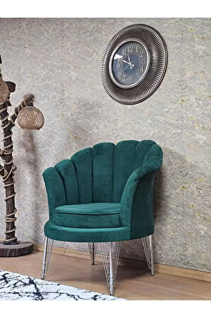Tekli İstiridye Krom Kaplama Telli Ayak Çay Seti Koltuk Tekli Berjer , Balkon, Salon, Ofis Yeşil Renk 47 x 47 Boyut/Ebat