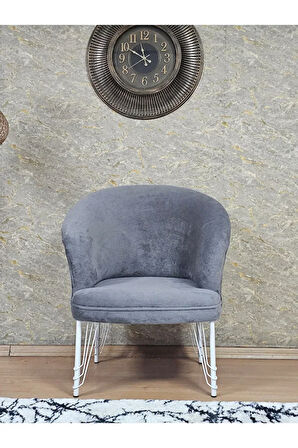 Tekli TEDDY Beyaz Boyalı Telli Ayak Çay Seti Koltuk Tekli Berjer , Balkon, Salon, Ofis Gri Renk 40,5 Boyut/Ebat