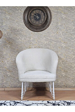 Tekli TEDDY Beyaz Boyalı Telli Ayak Çay Seti Koltuk Tekli Berjer , Balkon, Salon, Ofis Krem Renk 40,5 Boyut/Ebat