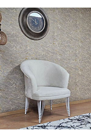 Tekli TEDDY Beyaz Boyalı Telli Ayak Çay Seti Koltuk Tekli Berjer , Balkon, Salon, Ofis Krem Renk 40,5 Boyut/Ebat