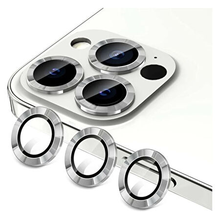 Iphone 14 Pro Max Kamera Koruyucu Lens Mercek Metal Çerçeveli 3lü Set Gümüş Gri Silver