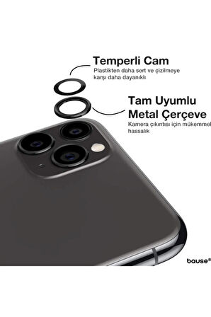 Iphone 11 Pro Max Uyumlu Kamera Koruyucu Lens Mercek Metal Çerçeveli 3lü Set Siyah Black