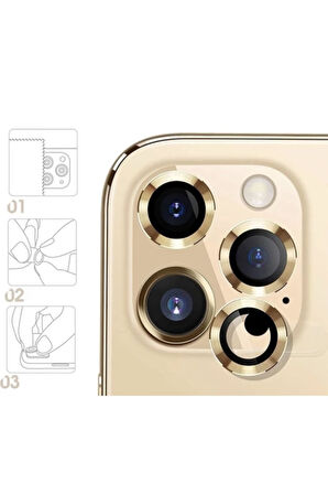 Iphone 11 Pro Max Uyumlu  Kamera Koruyucu Lens Mercek Metal Çerçeveli 3lü Set Gold Altın