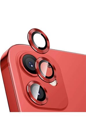 İphone 12 Uyumlu Mini Kamera Koruyucu Lens Mercek Metal Çerçeveli 2li Set Kırmızı Red