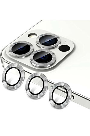 Iphone 12 Pro Uyumlu Kamera Koruyucu Lens Mercek Metal Çerçeveli 3lü Set Gümüş Gri Silver