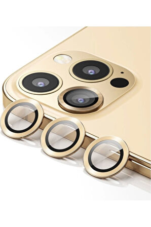 Iphone 13 Pro Max Uyumlu amera Koruyucu Lens Mercek Metal Çerçeveli 3lü Set Gold Altın