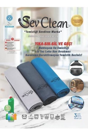 Sev Clean Mikrofiber 3'lü Temizlik Bezi, Toz Kir Leke Bırakmaz, Silgeç Bez