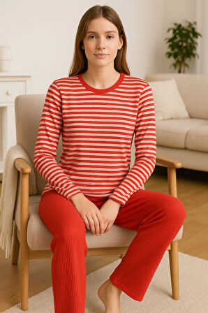 Kadın Pijama Takımı %100 Pamuk Turuncu Çizgili