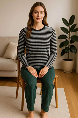 Kadın Pijama Takımı %100 Pamuk Yeşil Çizgili