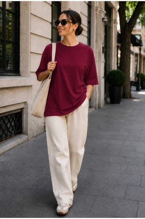 Kadın Oversize Basic Tişört Rahat Kesim Yarım Kol Bisiklet Yaka