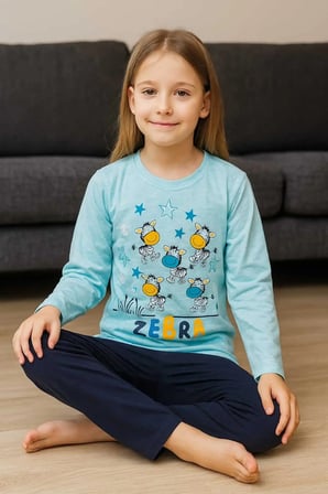 Çocuk Pijama Takımı %100 Pamuk Zebra Desenli