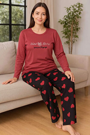 Kadın Pijama Takımı Kalp Desenli
