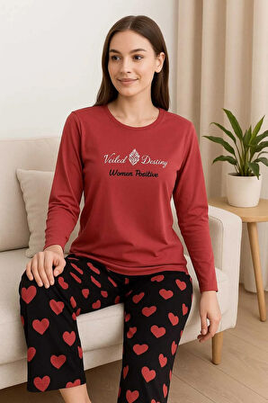 Kadın Pijama Takımı Kalp Desenli