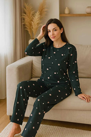 Kadın Pijama Takımı Yeşil Yıldız Desenli