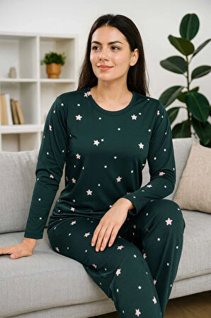 Kadın Pijama Takımı Yeşil Yıldız Desenli