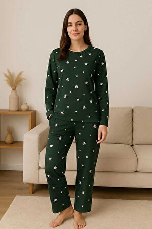 Kadın Pijama Takımı Yeşil Yıldız Desenli