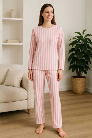 Kadın Pijama Takımı Pembe Çizgili