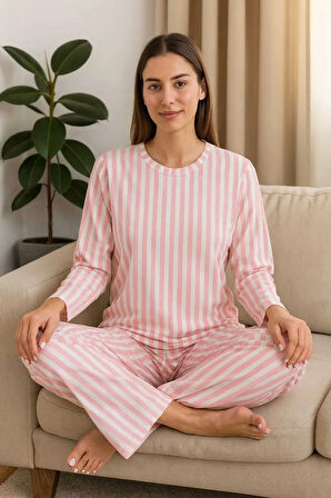 Kadın Pijama Takımı Pembe Çizgili
