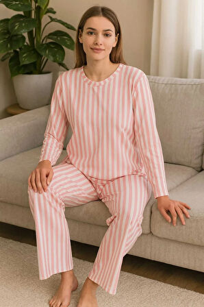 Kadın Pijama Takımı Pembe Çizgili