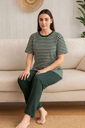 Kadın Pijama Takımı Kısa Kollu %100 Pamuk Yeşil Çizgili