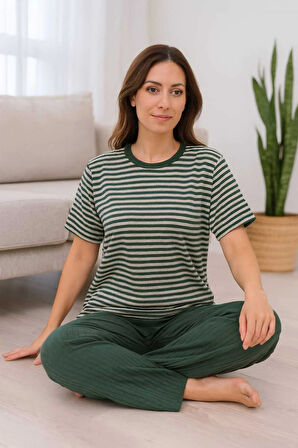 Kadın Pijama Takımı Kısa Kollu %100 Pamuk Yeşil Çizgili