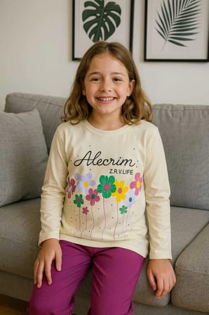Çocuk Pijama Takımı %100 Pamuk Çiçek Desenli