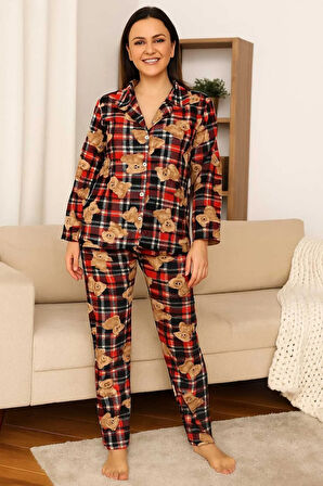 Kadın Pijama Takımı Boydan Düğmeli Süet Ayıcık Desenli