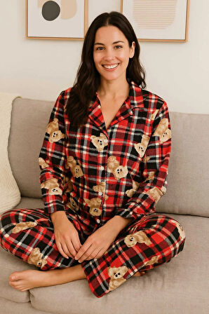 Kadın Pijama Takımı Boydan Düğmeli Süet Ayıcık Desenli