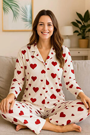 Kadın Pijama Takımı Boydan Düğmeli Raporlu Kumaş Milan Kalpli Desen