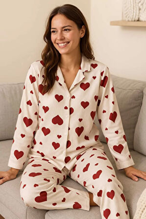 Kadın Pijama Takımı Boydan Düğmeli Raporlu Kumaş Milan Kalpli Desen