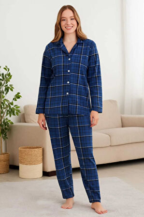 Kadın Pijama Takımı Boydan Düğmeli Süet Kareli Desenli