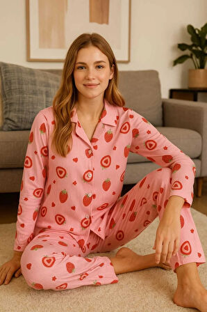 Kadın Pijama Takımı Boydan Düğmeli Raporlu Kumaş Milan Çilek Desenli