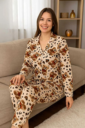 Kadın Pijama Takımı Boydan Düğmeli %100 Pamuk Ayıcık Desenli