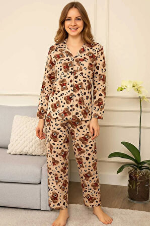 Kadın Pijama Takımı Boydan Düğmeli %100 Pamuk Ayıcık Desenli