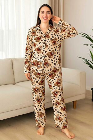 Kadın Pijama Takımı Boydan Düğmeli %100 Pamuk Ayıcık Desenli
