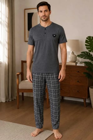 Erkek Pijama Takımı %100 Pamuk Düğmeli Yaka Kareli Alt