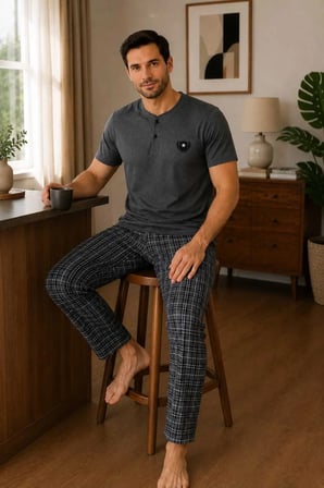 Erkek Pijama Takımı %100 Pamuk Düğmeli Yaka Kareli Alt