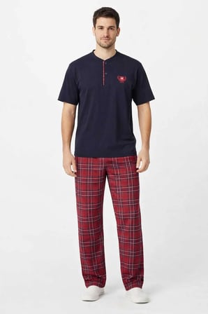 Erkek %100 Pamuk Pijama Takımı Lacivert Üst Kırmızı Ekose Alt Kısa Kol Regular Kesim